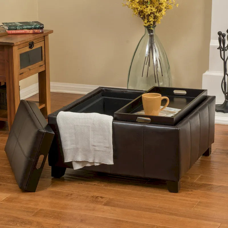 Brown Faux Leather Storage Ottoman with Two Tray Tops, 29 Inches Wide