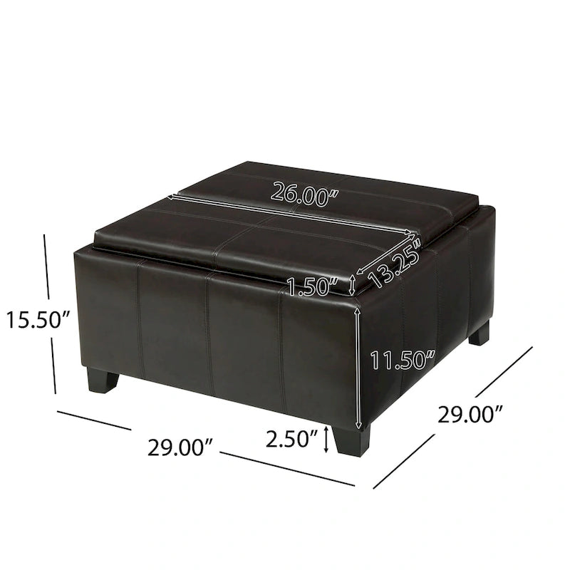 Brown Faux Leather Storage Ottoman with Two Tray Tops, 29 Inches Wide