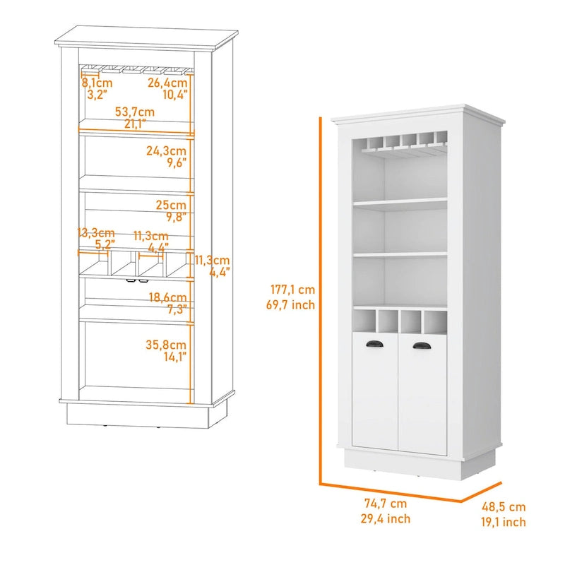 Tall Bar Cabinet with Wine Bottle Storage and Stemware Rack, 70 Inches High