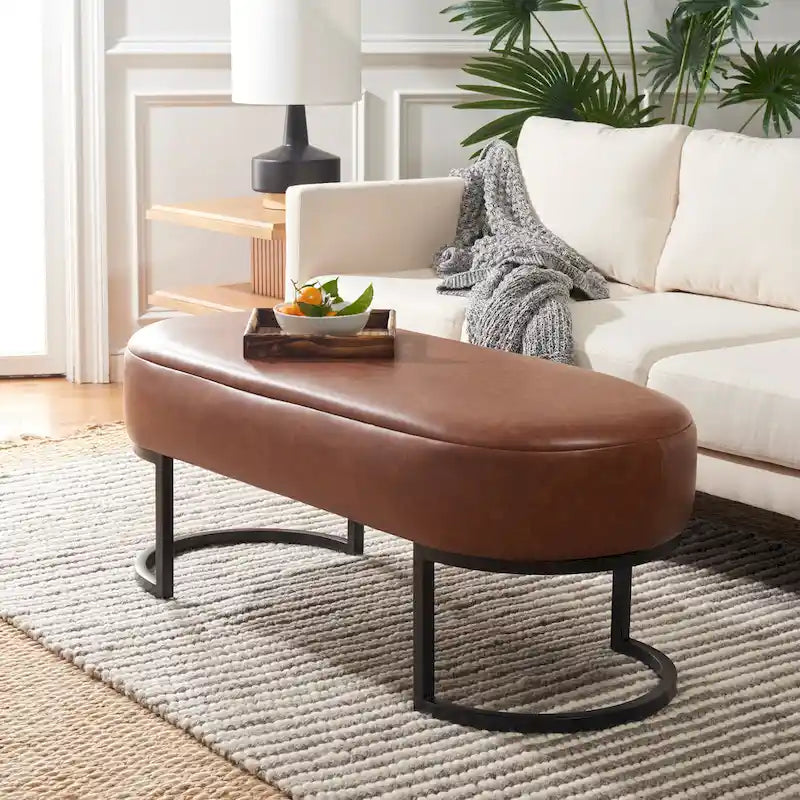 Grey Vegan Leather Oval Bench with Matte Black Base, 50 Inches Wide