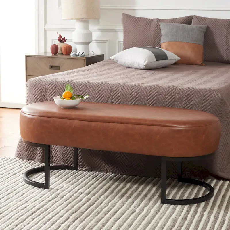 Grey Vegan Leather Oval Bench with Matte Black Base, 50 Inches Wide