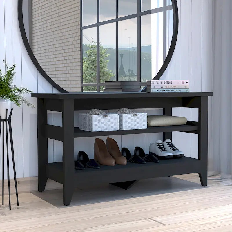 Entryway Storage Bench with Two Open Shelves, 43.3 Inches Wide