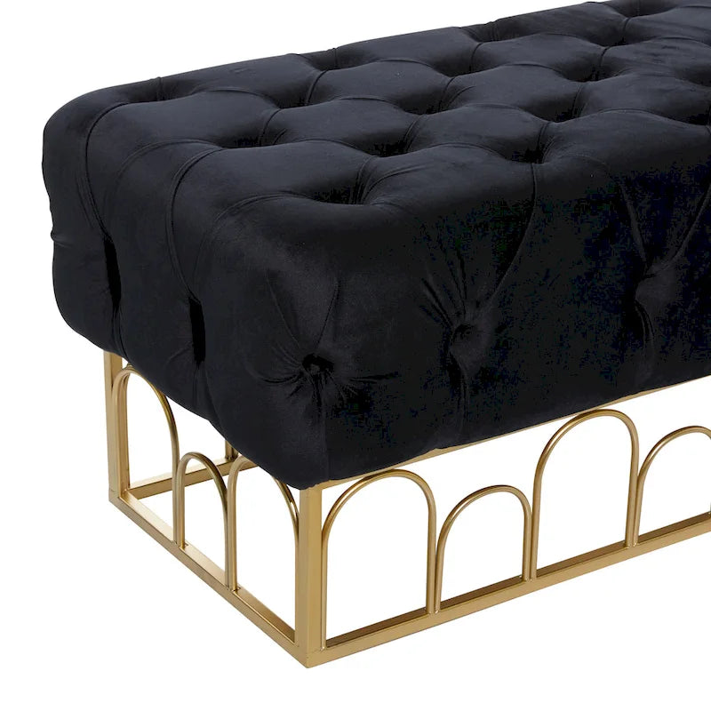 Black Velvet Tufted Bench with Gold Metal Base, 49 Inches Long