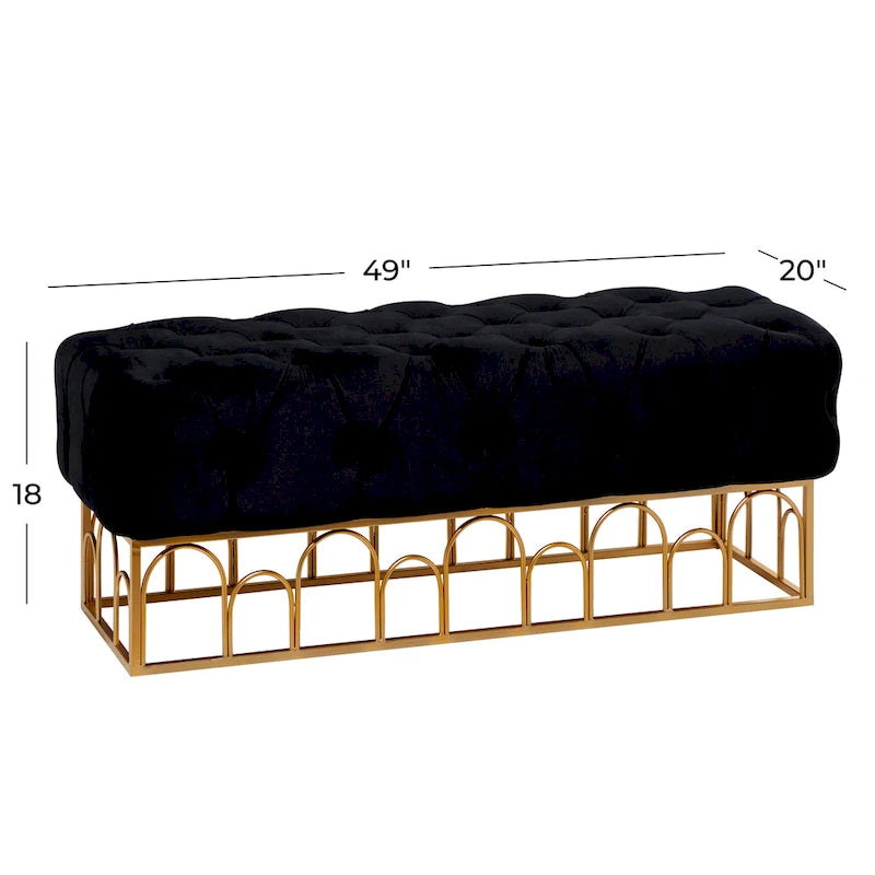 Black Velvet Tufted Bench with Gold Metal Base, 49 Inches Long