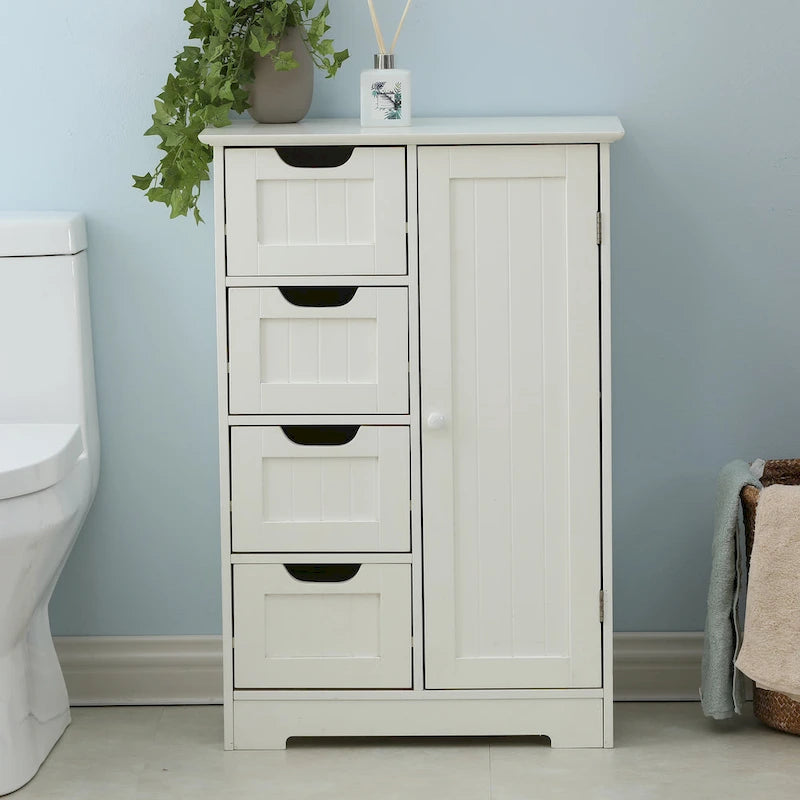Mobiletto bianco in legno per il bagno con 4 cassetti e 1 anta - 32.68 H x 22.05 W x 11.81 D