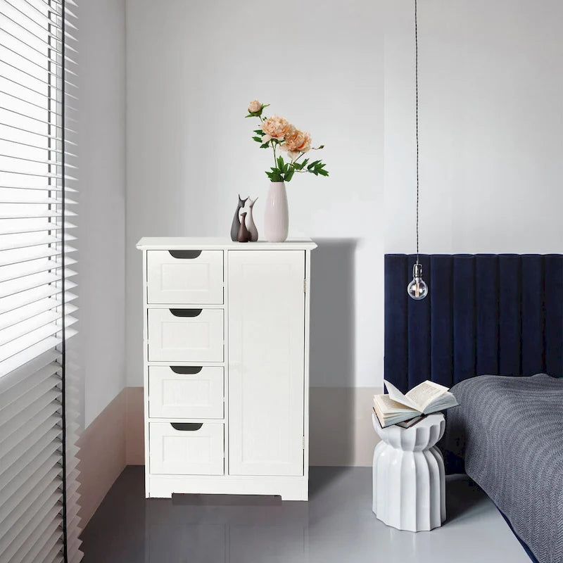 Witte houten badkamerkast met 4 laden en 1 deur - 32.68 H x 22.05 W x 11.81 D