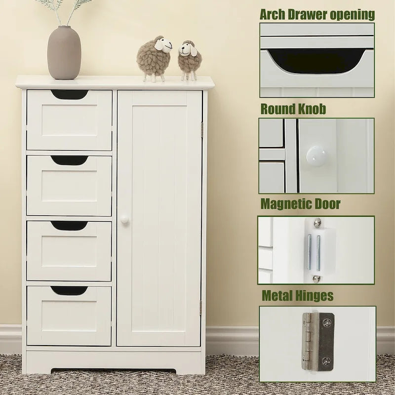 Mobiletto bianco in legno per il bagno con 4 cassetti e 1 anta - 32.68 H x 22.05 W x 11.81 D