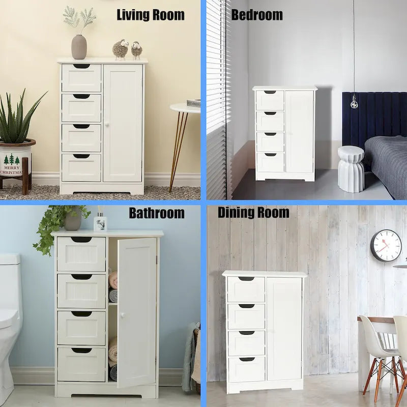 Witte houten badkamerkast met 4 laden en 1 deur - 32.68 H x 22.05 W x 11.81 D