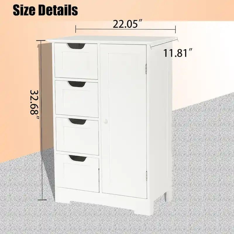 Witte houten badkamerkast met 4 laden en 1 deur - 32.68 H x 22.05 W x 11.81 D