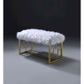 Modern Style Faux Fur Upholstered Bench with Geometrical Side Panels, White and Gold - 21 H x 17.5 W x 37.5 L Inches