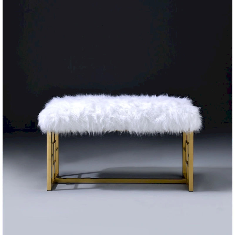 Panca in stile moderno rivestita in ecopelliccia, con pannelli laterali geometrici, bianca e oro - 21 H x 17.5 W x 37.5 L pollici
