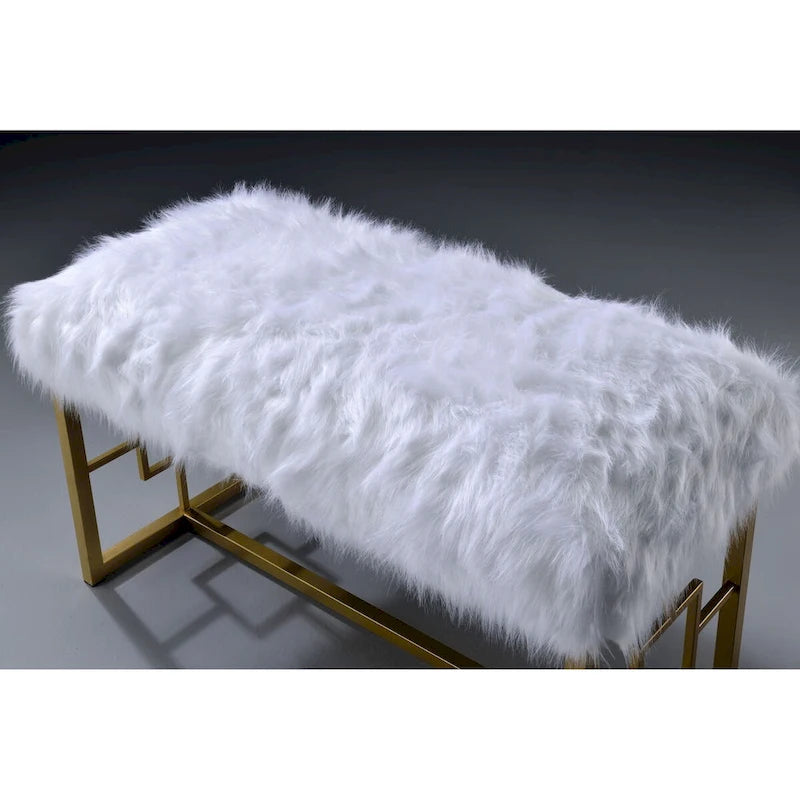 Panca in stile moderno rivestita in ecopelliccia, con pannelli laterali geometrici, bianca e oro - 21 H x 17.5 W x 37.5 L pollici