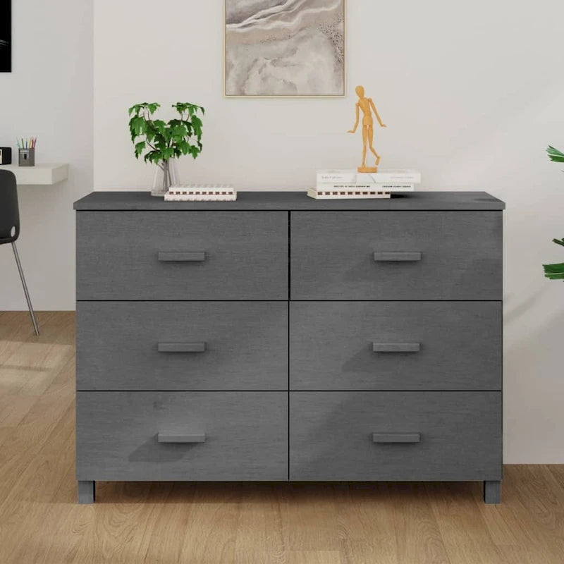 Solid Pine Sideboard with Six Drawers and Wooden Handles, 44.5 Inches Wide
