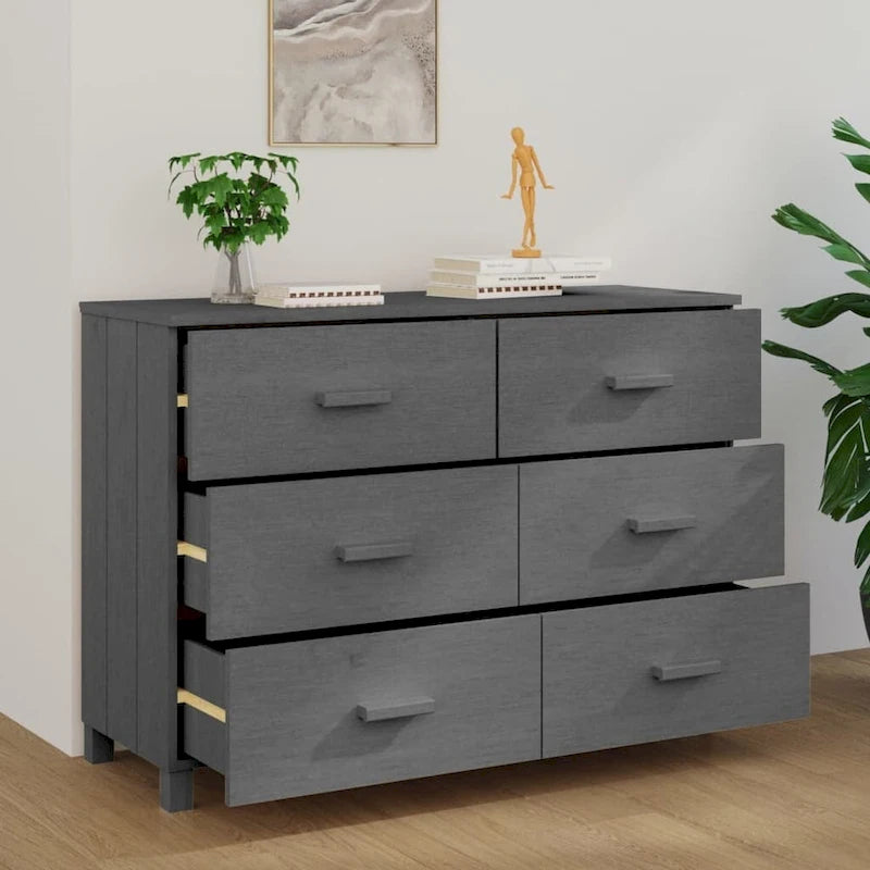 Solid Pine Sideboard with Six Drawers and Wooden Handles, 44.5 Inches Wide