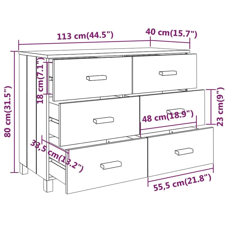 Solid Pine Sideboard with Six Drawers and Wooden Handles, 44.5 Inches Wide