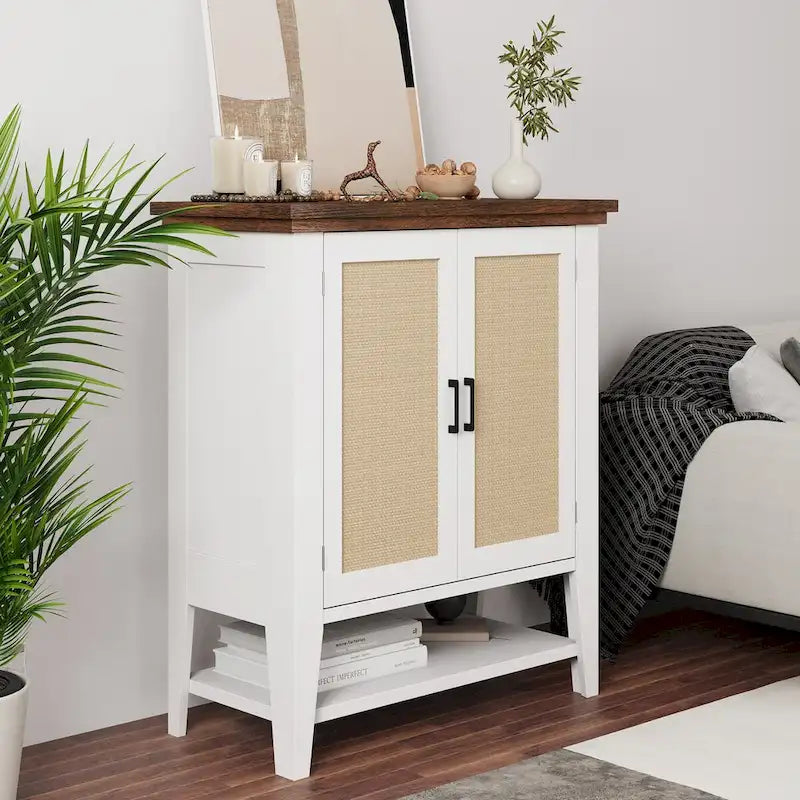 Rattan Storage Cabinet with Doors and Shelves