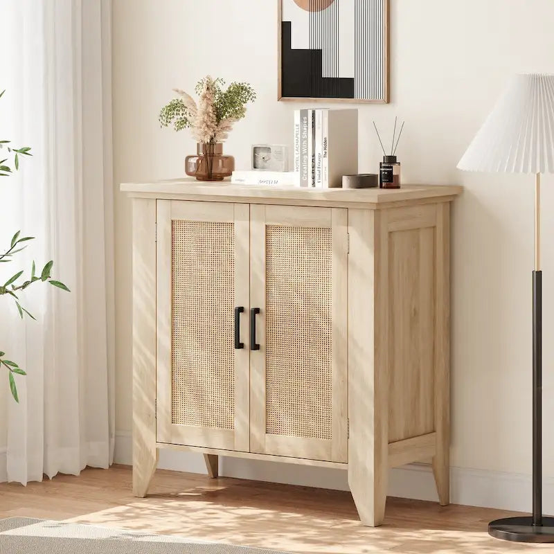 Rattan Storage Cabinet with Doors and Shelves