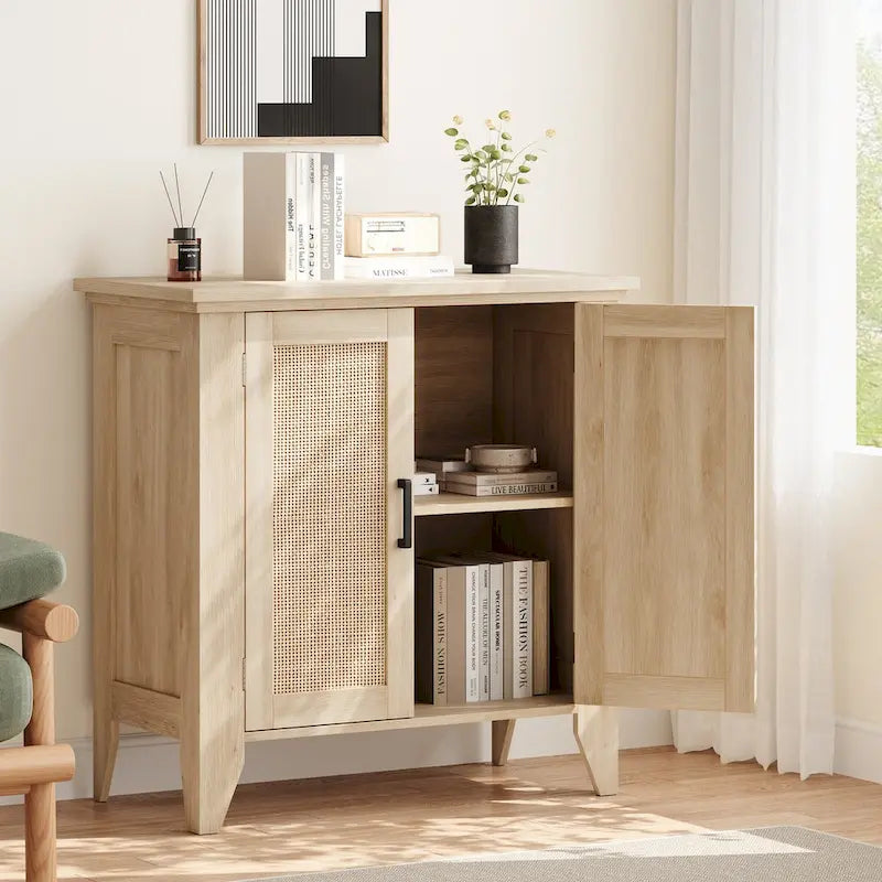 Rattan Storage Cabinet with Doors and Shelves