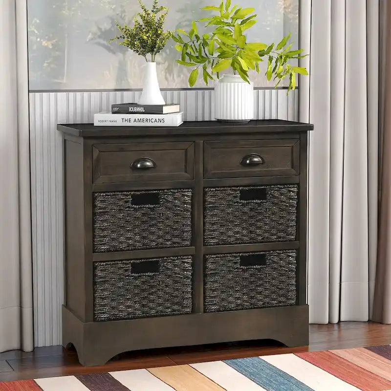 Armario de almacenamiento rústico con dos cajones y cuatro cestas clásicas de ratán - 28L x 11.8W x 28H