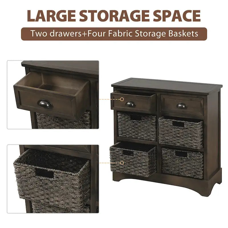 Armario de almacenamiento rústico con dos cajones y cuatro cestas clásicas de ratán - 28L x 11.8W x 28H