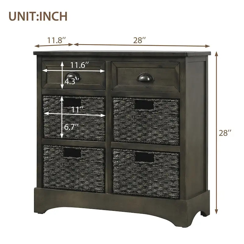 Armario de almacenamiento rústico con dos cajones y cuatro cestas clásicas de ratán - 28L x 11.8W x 28H