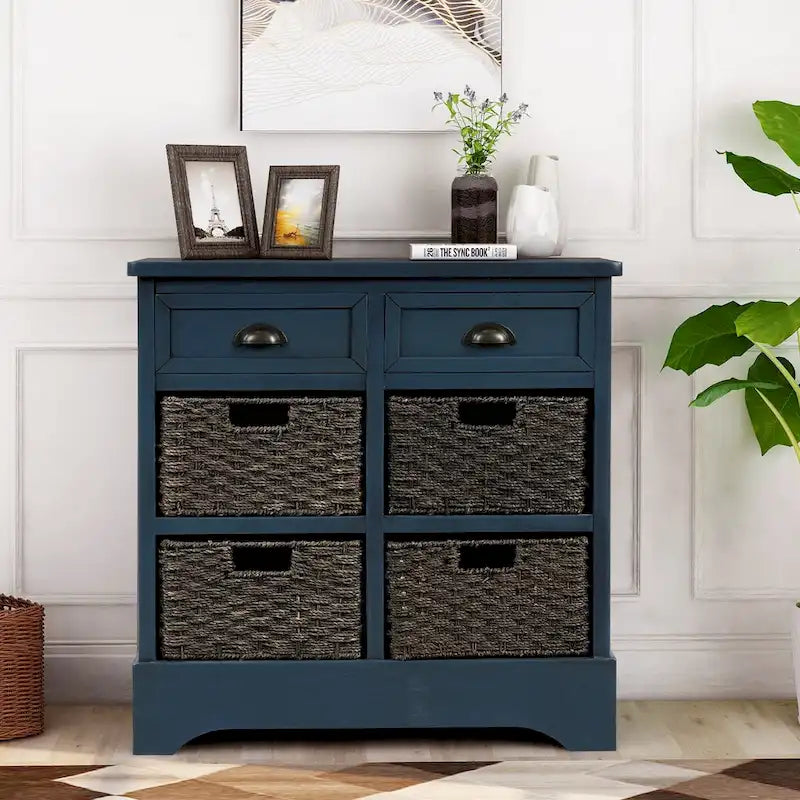 Armario de almacenamiento rústico con dos cajones y cuatro cestas clásicas de ratán - 28L x 11.8W x 28H