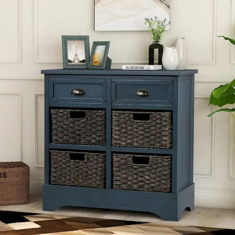 Armario de almacenamiento rústico con dos cajones y cuatro cestas clásicas de ratán - 28L x 11.8W x 28H