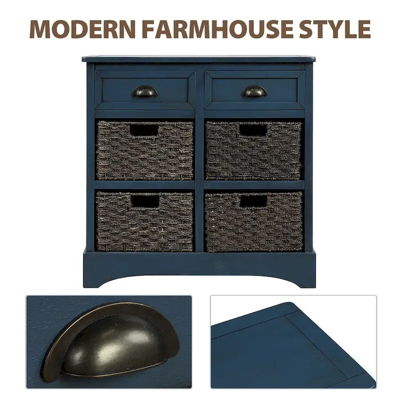 Armario de almacenamiento rústico con dos cajones y cuatro cestas clásicas de ratán - 28L x 11.8W x 28H