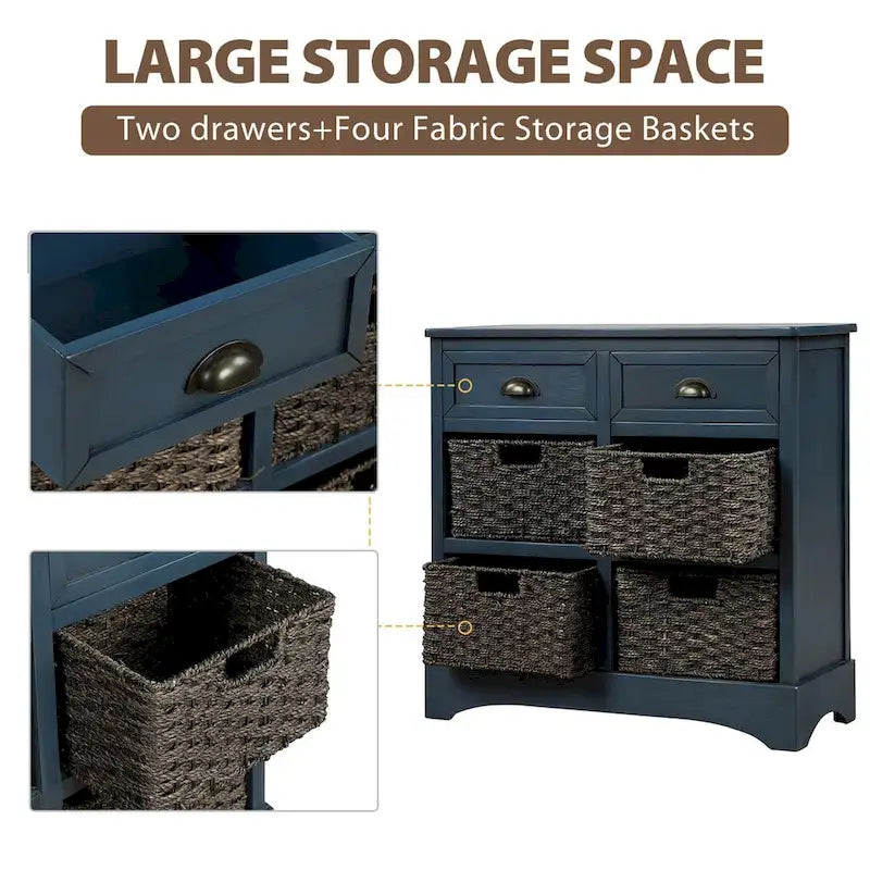 Armario de almacenamiento rústico con dos cajones y cuatro cestas clásicas de ratán - 28L x 11.8W x 28H