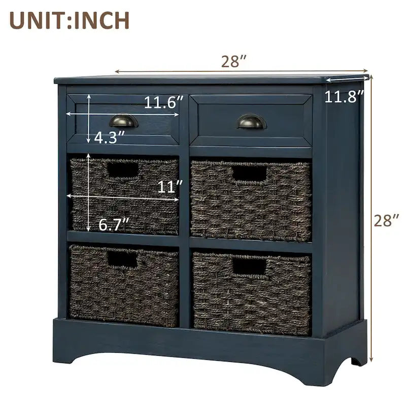 Armario de almacenamiento rústico con dos cajones y cuatro cestas clásicas de ratán - 28L x 11.8W x 28H