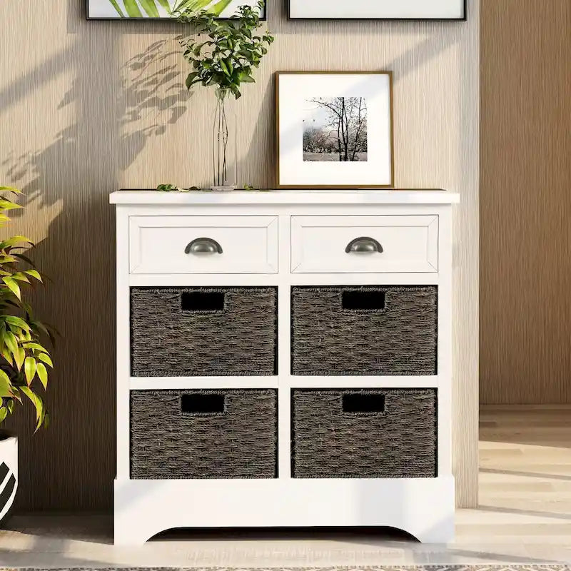 Armario de almacenamiento rústico con dos cajones y cuatro cestas clásicas de ratán - 28L x 11.8W x 28H