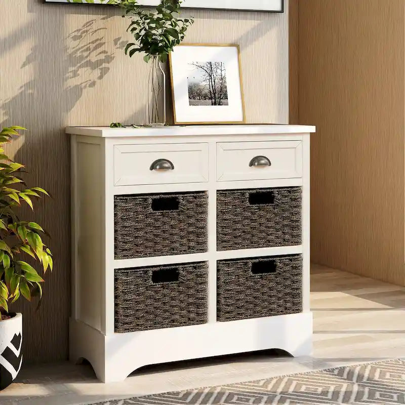 Armario de almacenamiento rústico con dos cajones y cuatro cestas clásicas de ratán - 28L x 11.8W x 28H