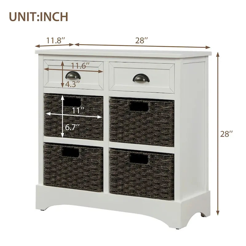 Armario de almacenamiento rústico con dos cajones y cuatro cestas clásicas de ratán - 28L x 11.8W x 28H