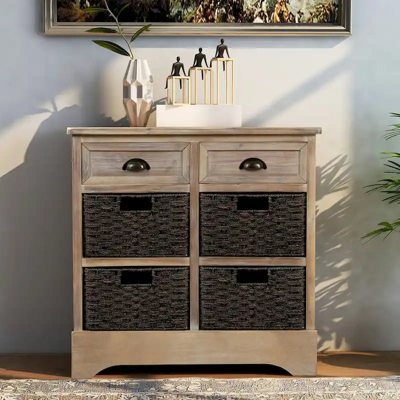 Armario de almacenamiento rústico con dos cajones y cuatro cestas clásicas de ratán - 28L x 11.8W x 28H