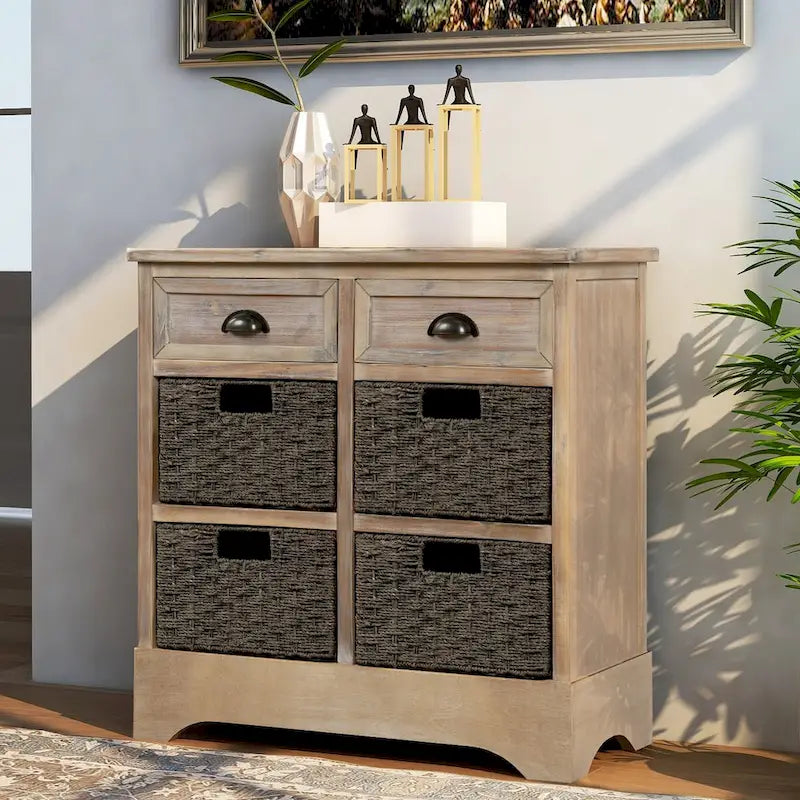 Armario de almacenamiento rústico con dos cajones y cuatro cestas clásicas de ratán - 28L x 11.8W x 28H