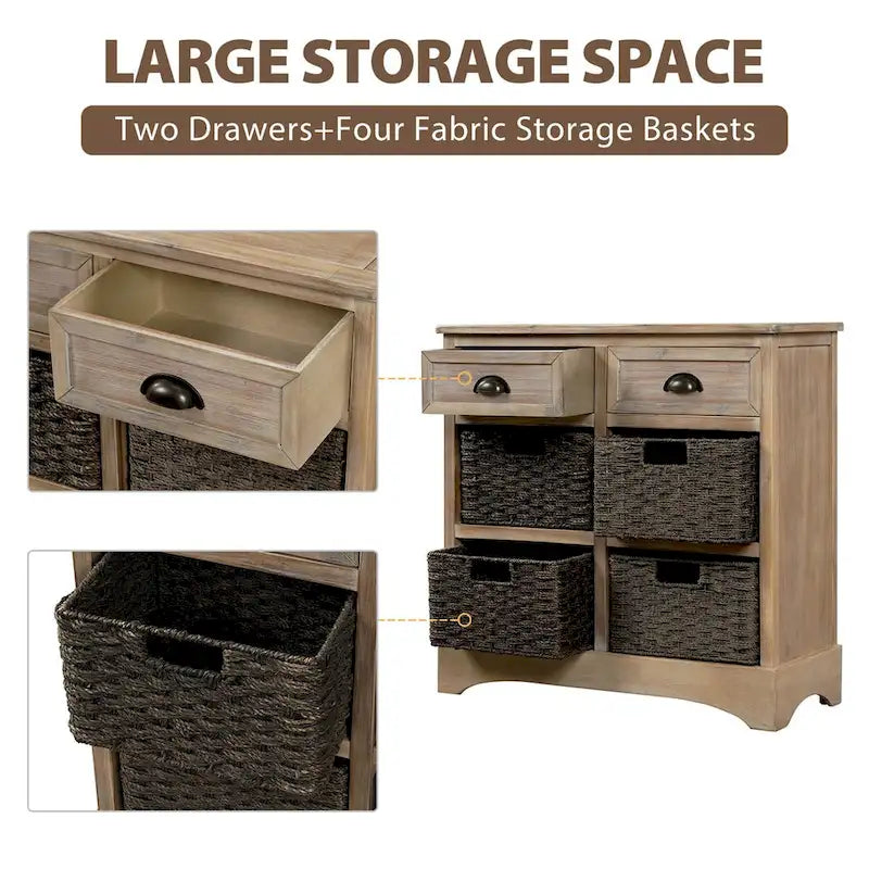 Armario de almacenamiento rústico con dos cajones y cuatro cestas clásicas de ratán - 28L x 11.8W x 28H