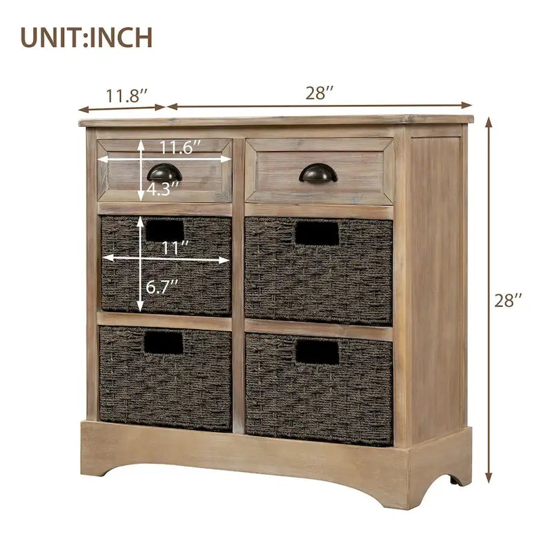 Armario de almacenamiento rústico con dos cajones y cuatro cestas clásicas de ratán - 28L x 11.8W x 28H