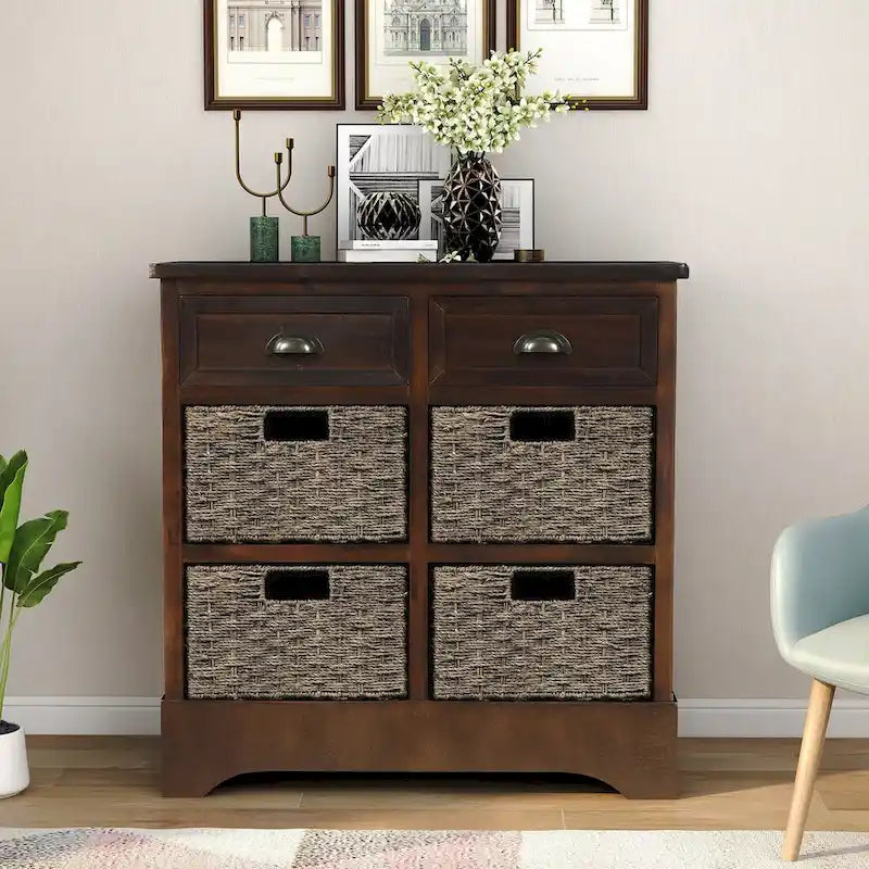 Armario de almacenamiento rústico con dos cajones y cuatro cestas clásicas de ratán - 28L x 11.8W x 28H