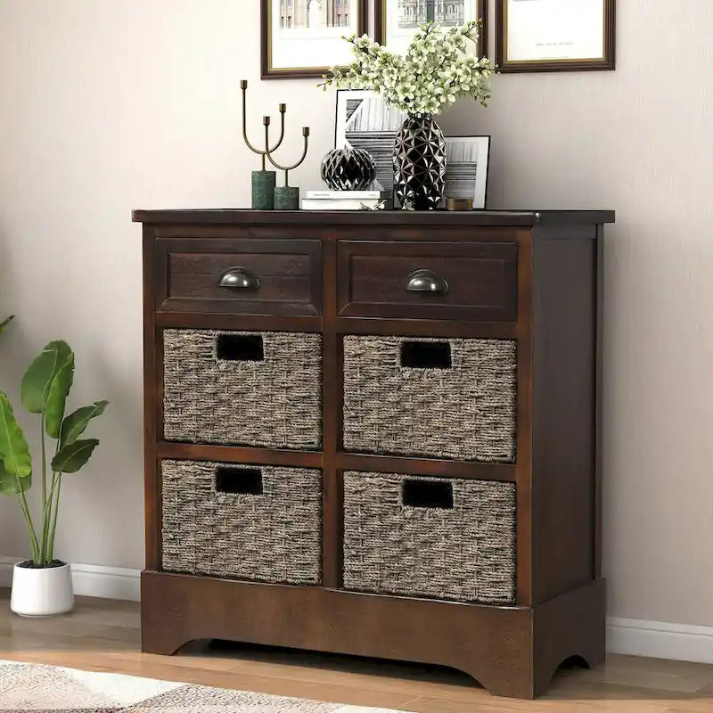 Armario de almacenamiento rústico con dos cajones y cuatro cestas clásicas de ratán - 28L x 11.8W x 28H