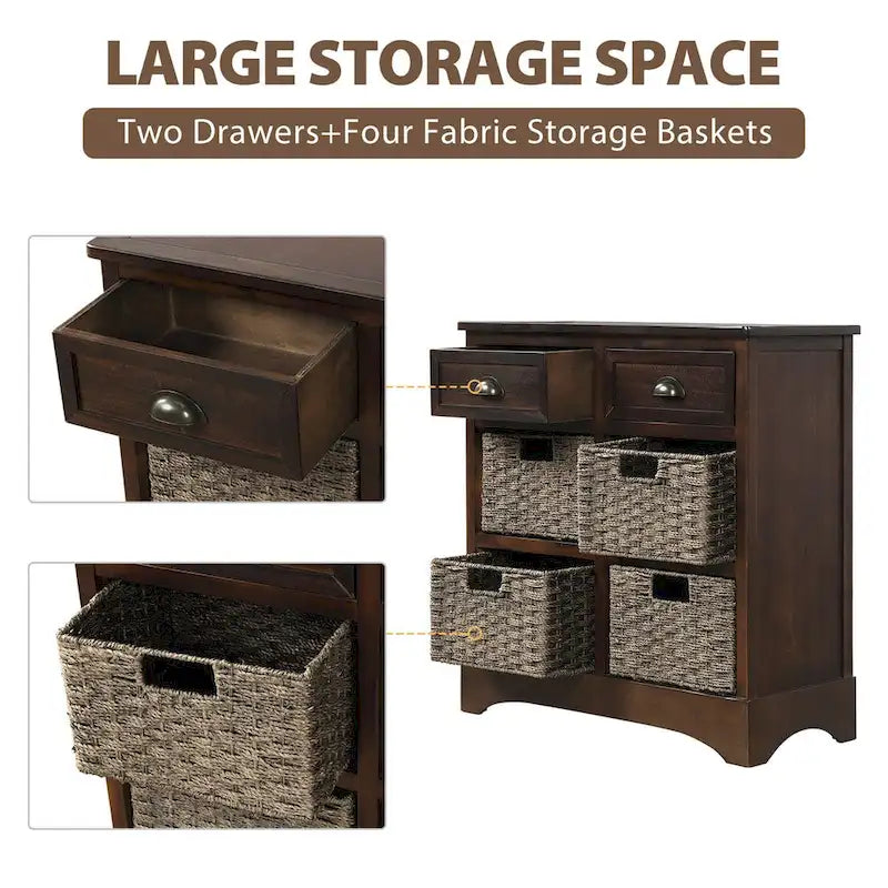 Armario de almacenamiento rústico con dos cajones y cuatro cestas clásicas de ratán - 28L x 11.8W x 28H