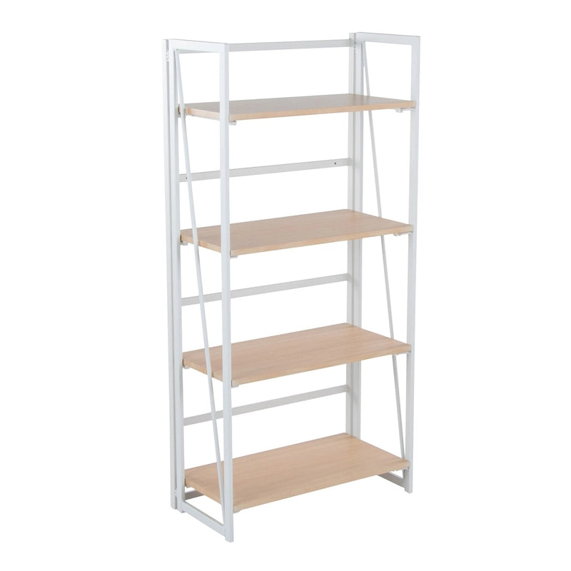 Modernes Bücherregal mit vier offenen Holzregalböden und lackiertem Metallrahmen