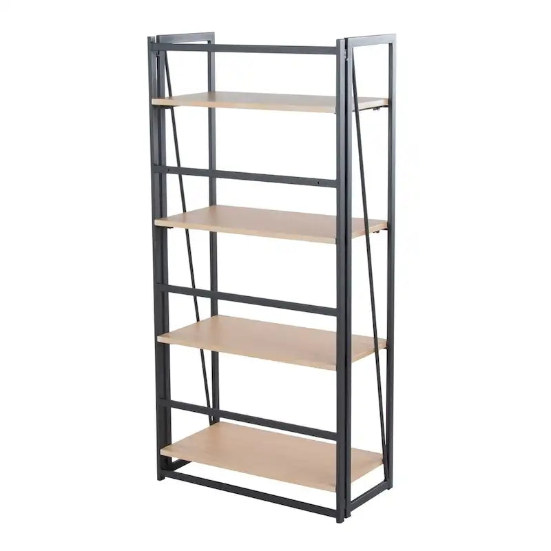 Modernes Bücherregal mit vier offenen Holzregalböden und lackiertem Metallrahmen