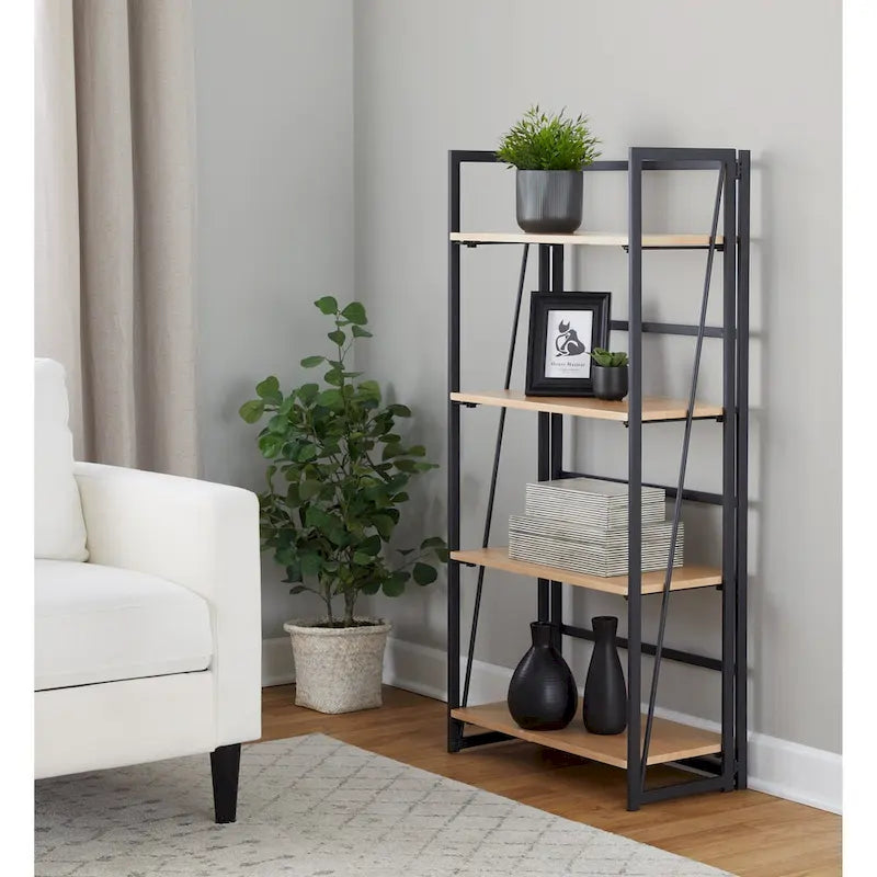 Modernes Bücherregal mit vier offenen Holzregalböden und lackiertem Metallrahmen