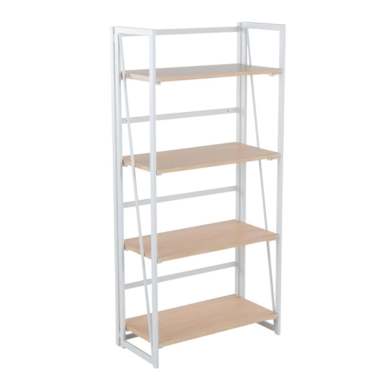 Modernes Bücherregal mit vier offenen Holzregalböden und lackiertem Metallrahmen
