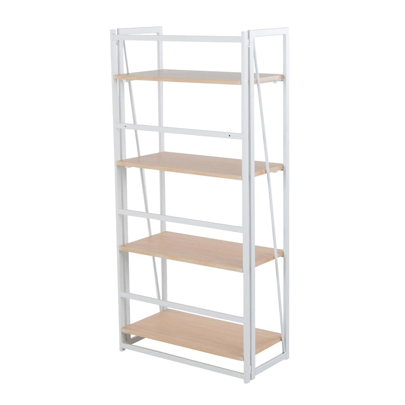 Modernes Bücherregal mit vier offenen Holzregalböden und lackiertem Metallrahmen