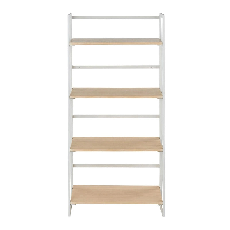 Modernes Bücherregal mit vier offenen Holzregalböden und lackiertem Metallrahmen