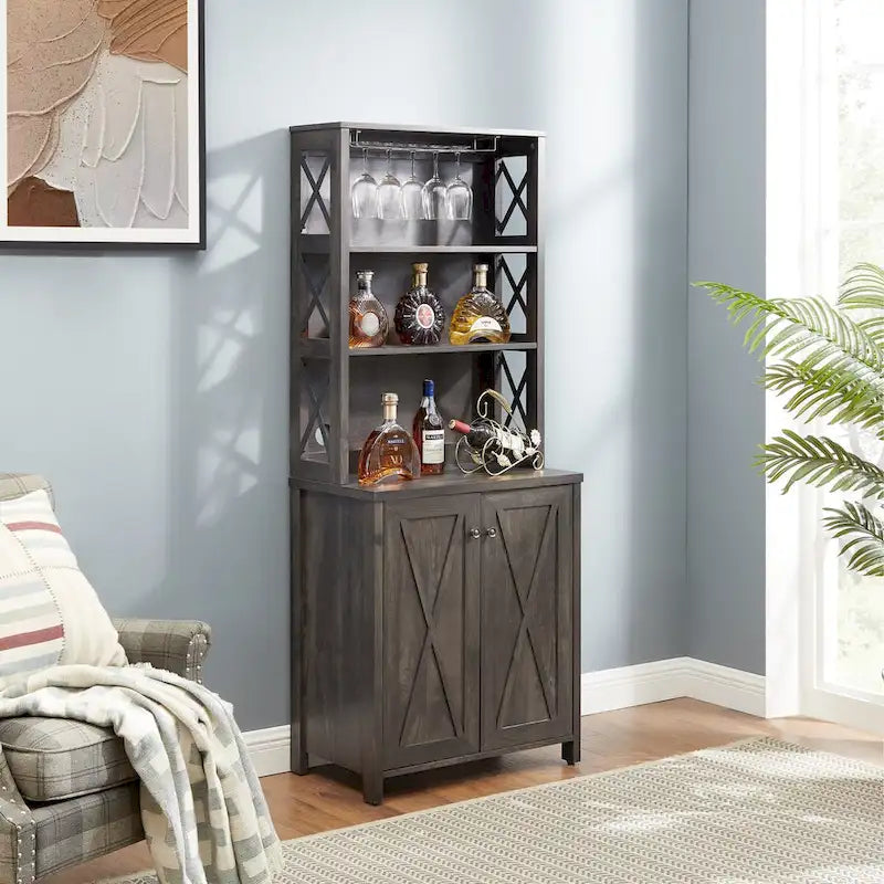 Coffee Bar Cabinet with Hollow Out Barn Design Wood Cabinet