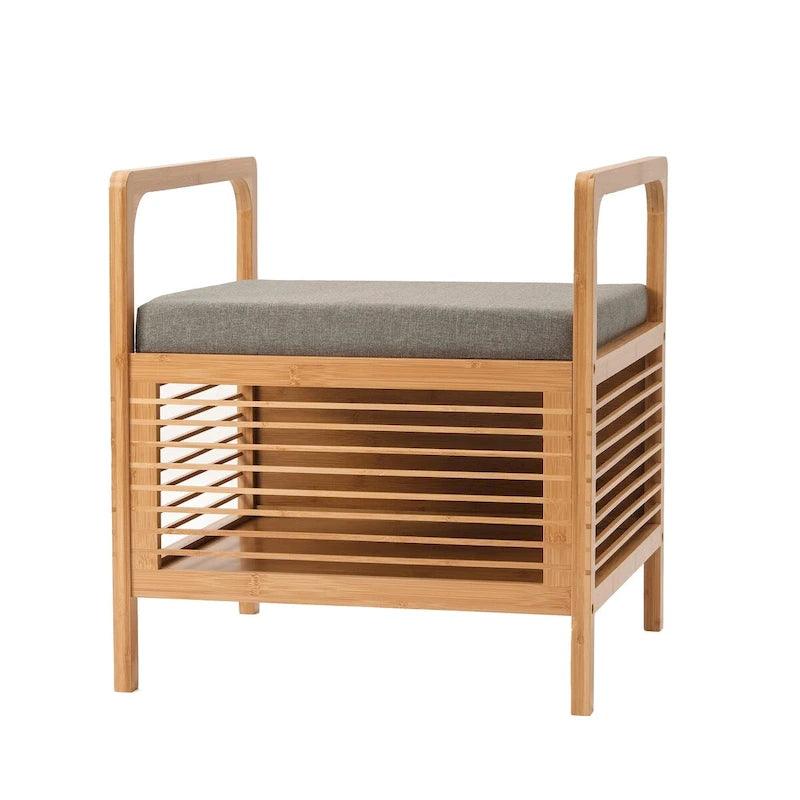 Bamboo Storage Stool with Padded Linen Seat, Natural Finish