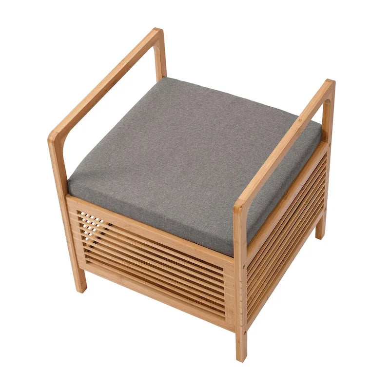 Bamboo Storage Stool with Padded Linen Seat, Natural Finish