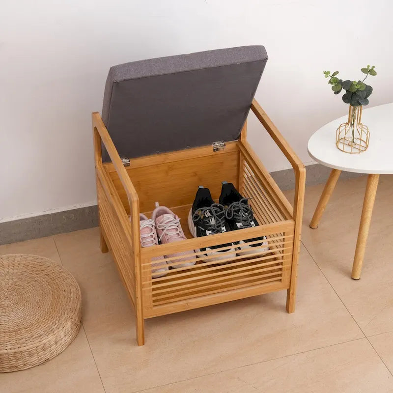 Bamboo Storage Stool with Padded Linen Seat, Natural Finish